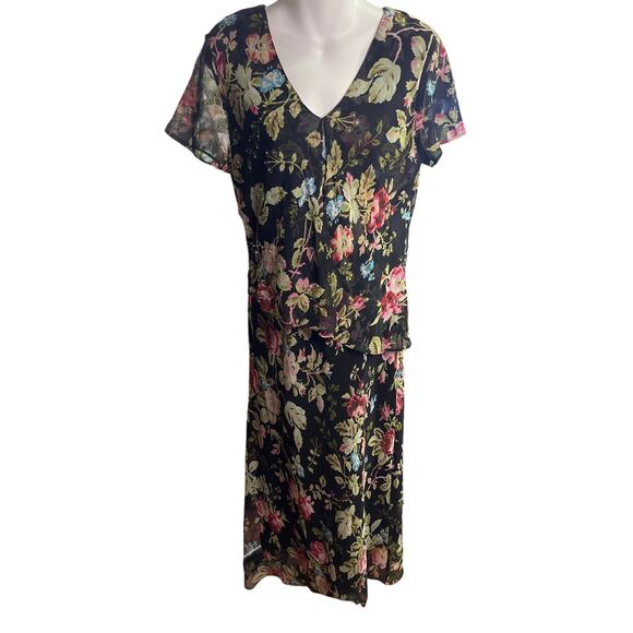 Vintage Positive Attitude Black Floral Beaded Maxi Elegant Evening Dress Sz 12P - Picture 1 of 6